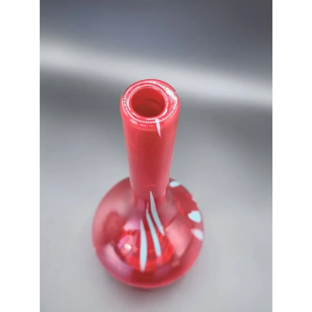 Vintage Red Swung Glass Bud Vase Applied Blue Dots MCM Art Glass 12”